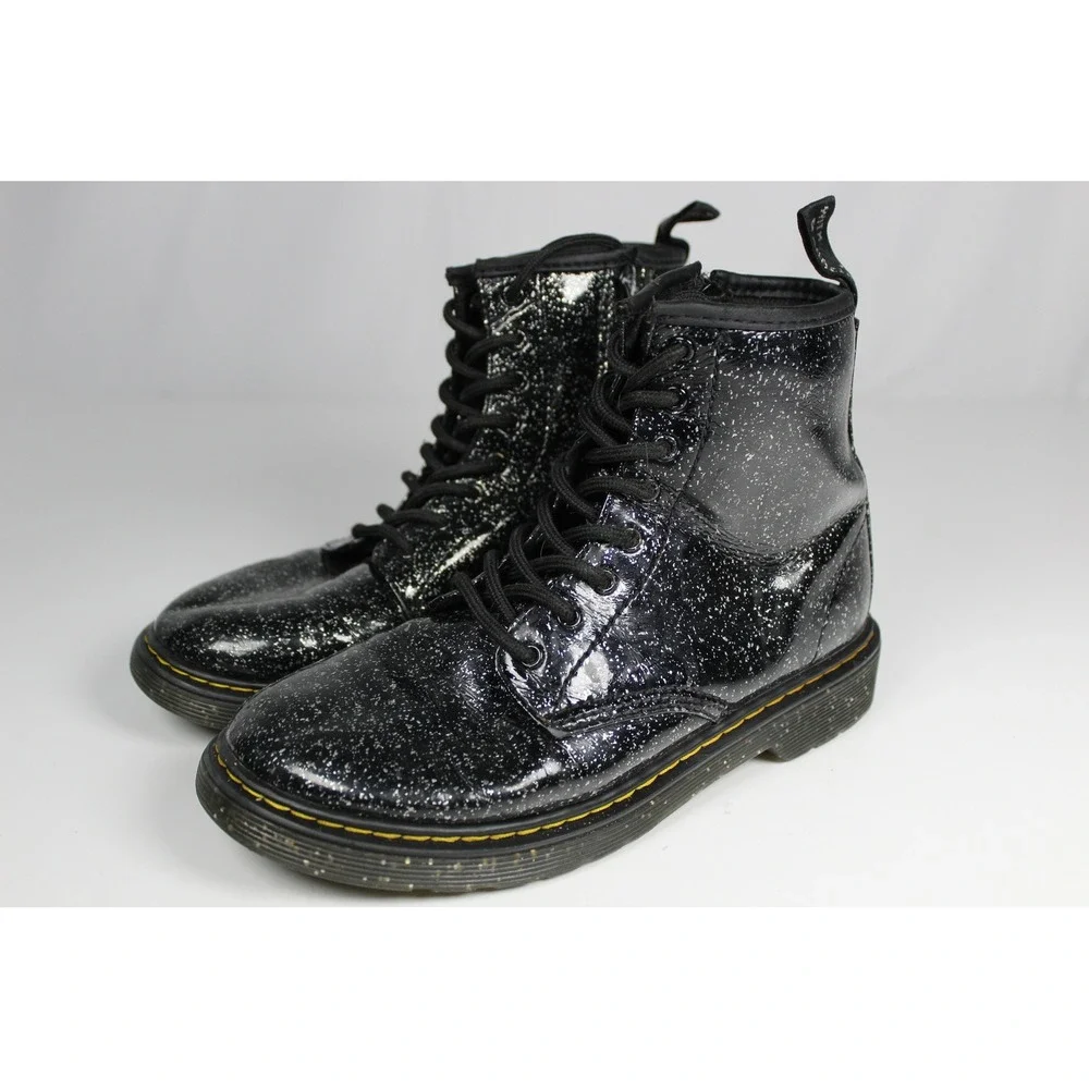 Dr. Martens Delaney Black Glitter Patent Boots Lace Up Side Zip Kids Shoes